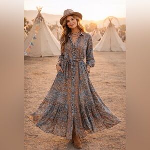 Karma Highway Boho Silk Blend Paisley Button Front Collared Tiered Maxi Dress~OS